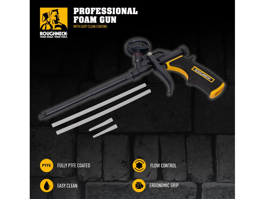 Roughneck professional foam gun with features highlighted on a black background