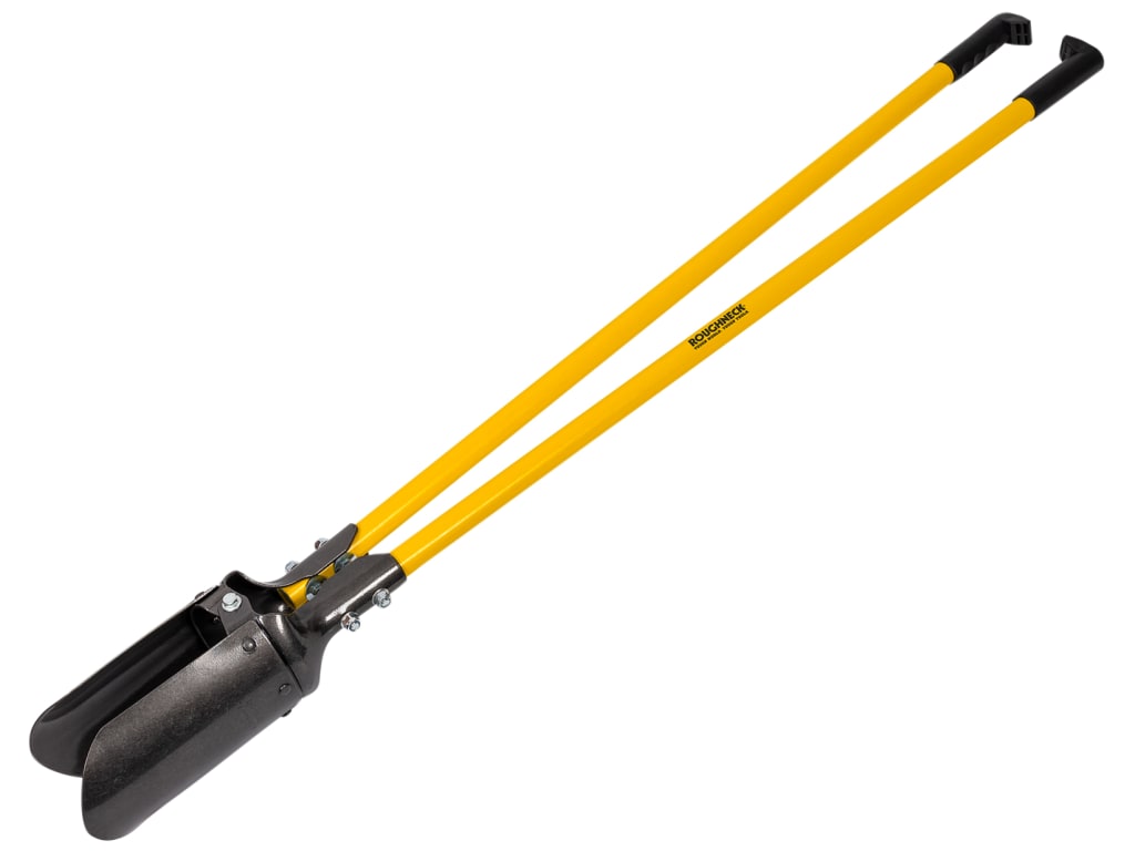 Shovel with yellow handles on a white background