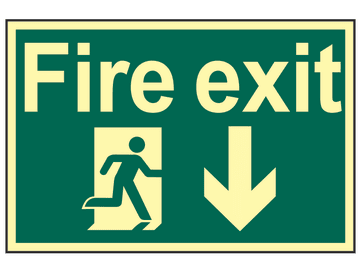 Fire Exit Running Man Arrow Down - Photoluminescent 300 x 200mm                 