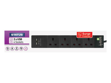Extension Lead 240V 4-Gang + 2 USB 13A 2m Black                                 