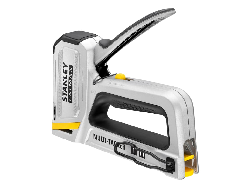 A Stanley multi-tacker nail gun in silver, black, and yellow, shown from a three-quarters angle on a solid white background.