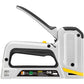 A Stanley cordless staple gun in white and black with yellow accents, shown from a side angle on a plain white background.