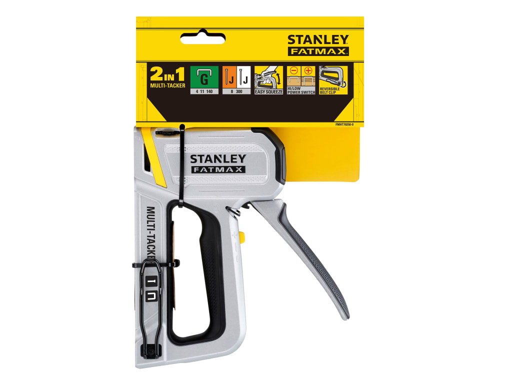 Stanley Fanmax 2-in-1 nail gun with its original yellow and black retail packaging, shown on a solid white background.