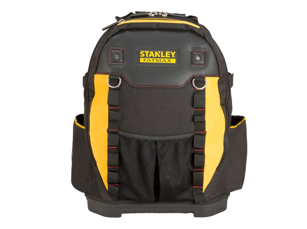 Black and yellow Stanley tool backpack on a white background