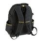Black backpack shown from the back, featuring yellow accent lines and padded shoulder straps, isolated on a white background.