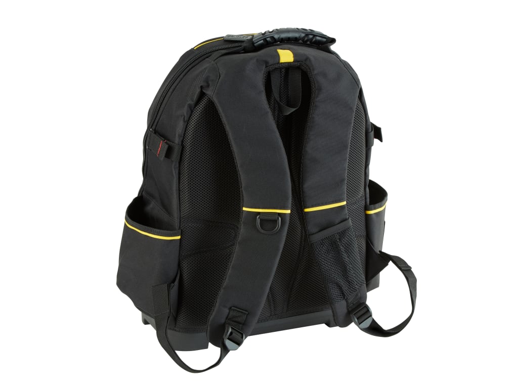 Black backpack shown from the back, featuring yellow accent lines and padded shoulder straps, isolated on a white background.