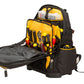 A black and yellow tool organizer backpack shown open, filled with various hand tools including screwdrivers, pliers, and wrenches, on a white background.