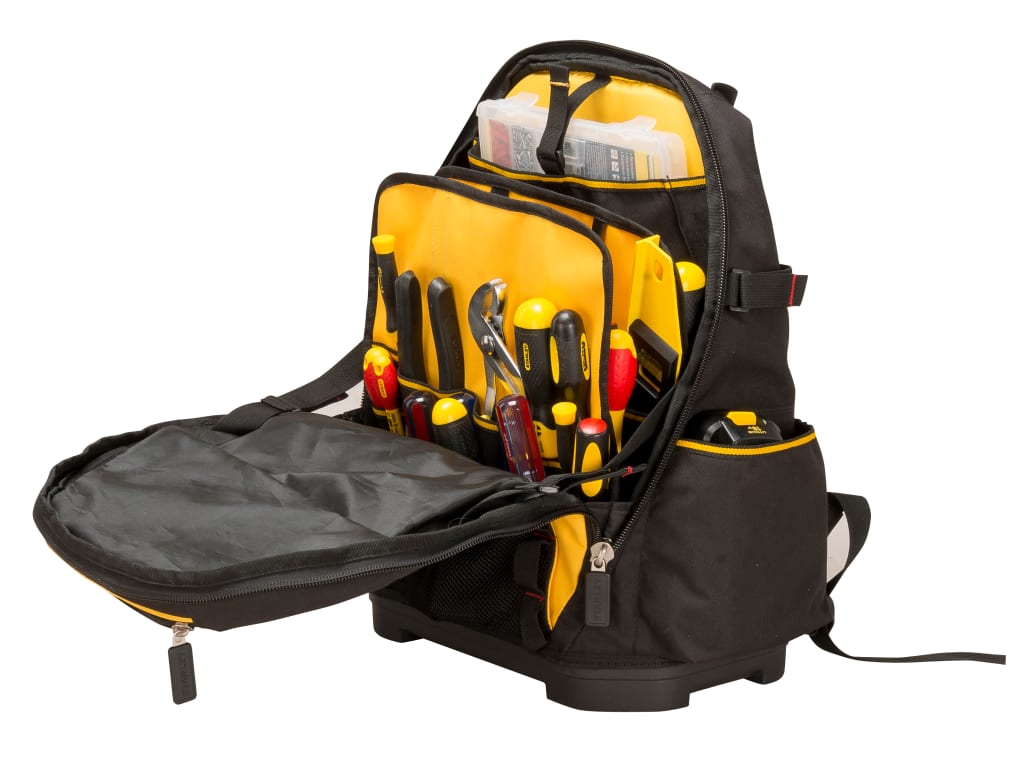A black and yellow tool organizer backpack shown open, filled with various hand tools including screwdrivers, pliers, and wrenches, on a white background.