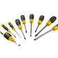 A 10-piece screwdriver set with yellow and black handles and silver metal shafts, arranged in a fan shape on a white background.