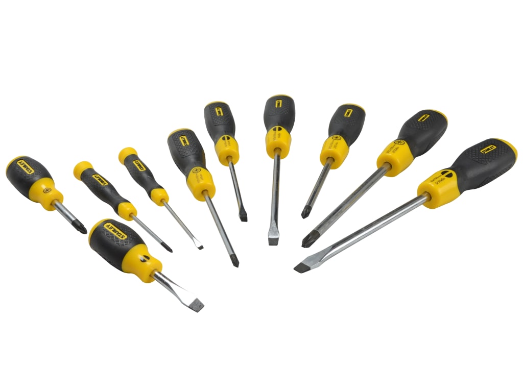 A 10-piece screwdriver set with yellow and black handles and silver metal shafts, arranged in a fan shape on a white background.