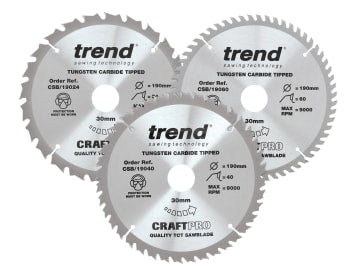 CraftPro Saw Blade 190 x 30mm x 24T/40T/60T (Pack 3)                            