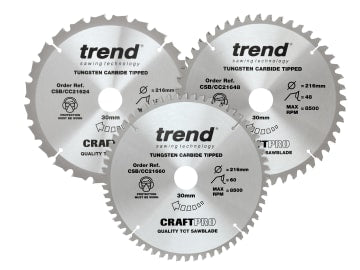 CraftPro Mitre Saw Blade 216 x 30mm x 24T/48T/60T (Pack 3)                      
