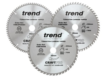 CraftPro Table Saw Blade 250 x 30mm x 48T/60T/84T (Pack 3)                      