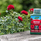 Westland rose fertilizer bottle on a wooden surface with red roses in the background