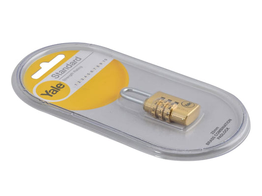 Gold combination lock in clear packaging with a yellow label on a white background