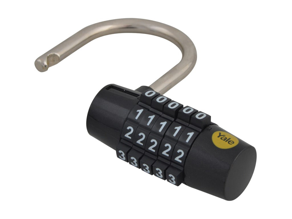 Black combination lock with a silver shackle on a white background