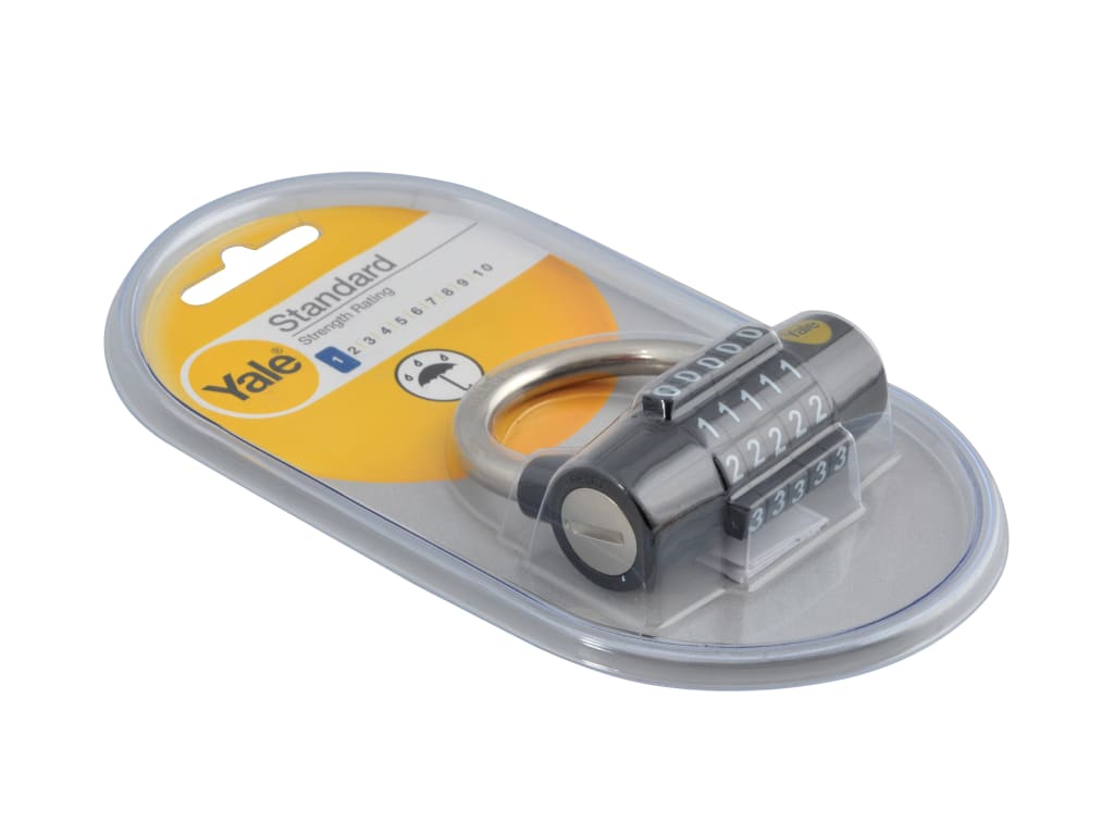 T Yale combination lock on a clear plastic stand with yellow label