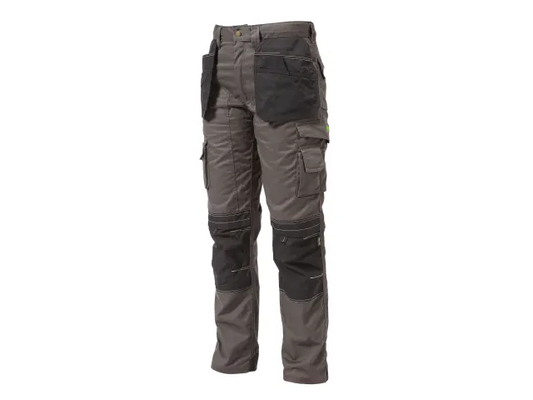 Gray work pants with multiple pockets on a white background