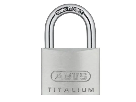 Metallic padlock with 'ABUS' branding on a white background