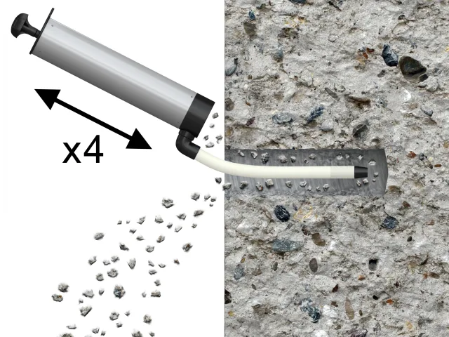Concrete mixing tool with gravel and a close-up of concrete texture.