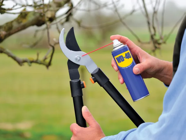 Person using WD-40 on garden shears with a blurred outdoor background