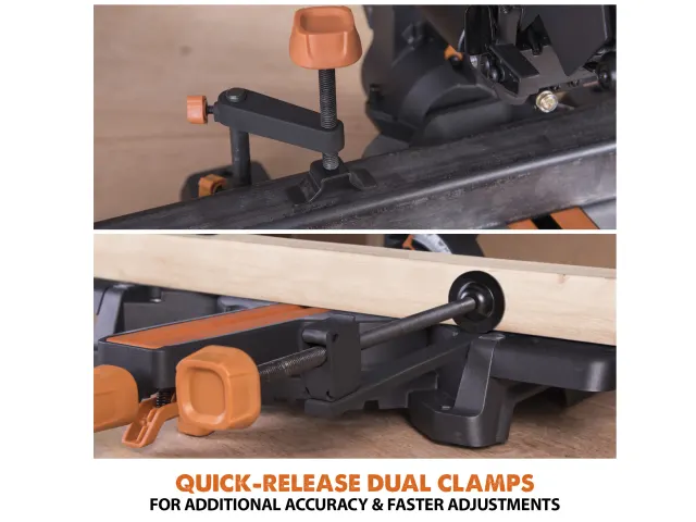 Quick-release dual clamps on a saw with text indicating additional accuracy and faster adjustments.