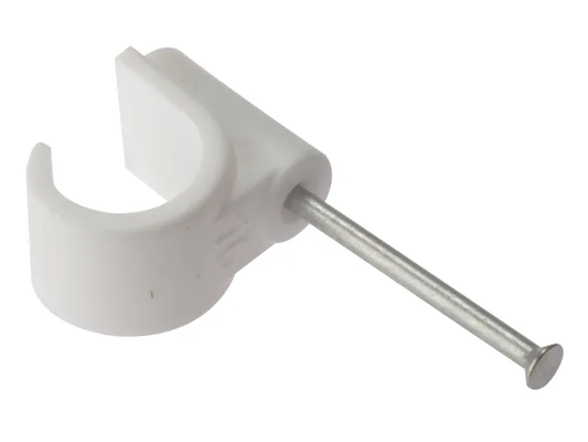 White plastic clip with a metal rod on a white background