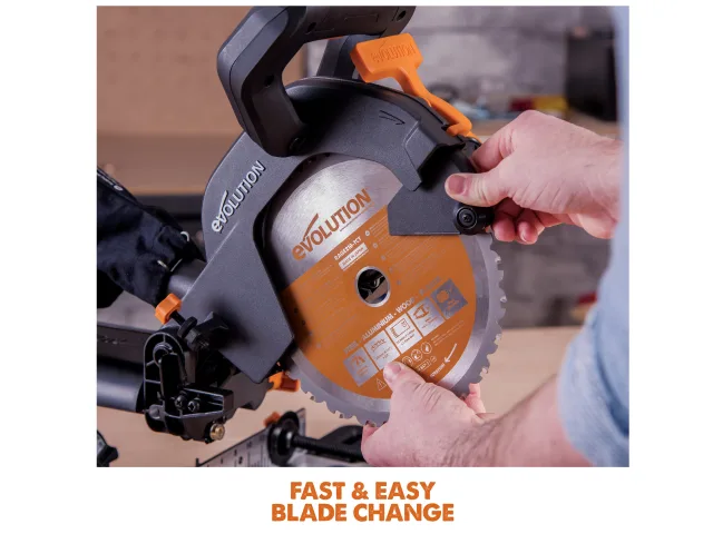 Person changing a blade on an Evolution circular saw with a blurred background