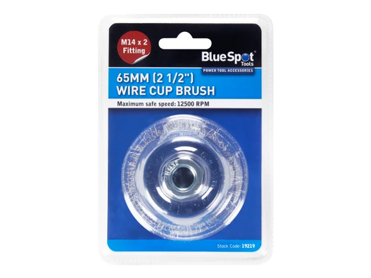 65mm wire cup brush in BlueSpot packaging on a white background