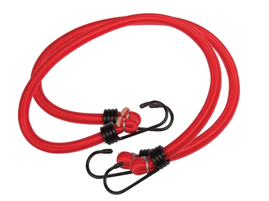 Red bungee cord with black hooks on a white background