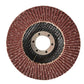 Flap disc with brown abrasive material on a white background