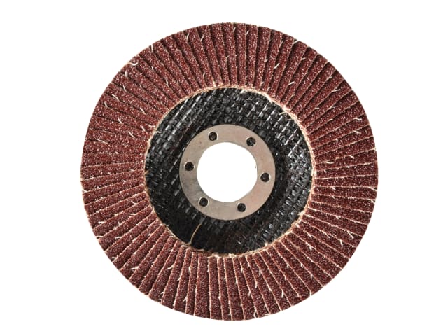 Flap disc with brown abrasive material on a white background