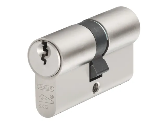Silver cylindrical lock on a white background