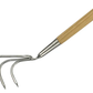 Gardening tool with wooden handle and metal prongs on a white background