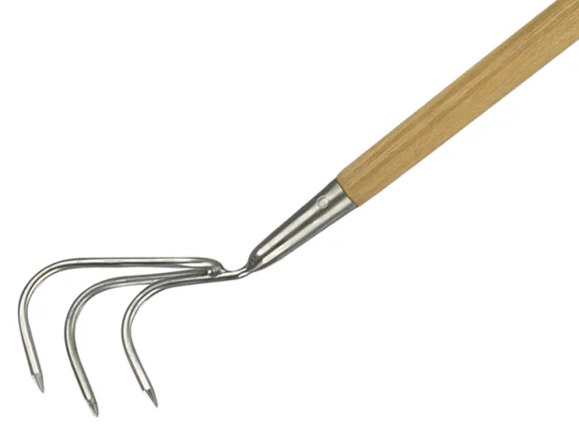 Gardening tool with wooden handle and metal prongs on a white background