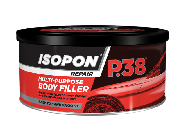 Isopon P.38 multi-purpose body filler can on a white background