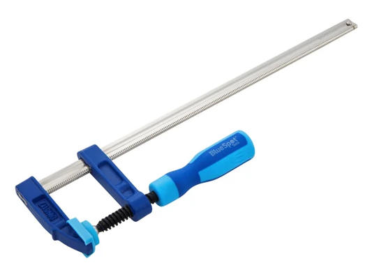 Blue and silver clamping tool on a white background