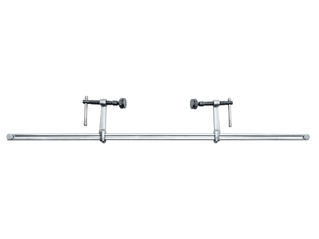 Metal rod with adjustable clamps on a white background