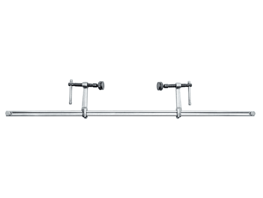 Metal rod with adjustable clamps on a white background