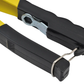 Close-up of a black and yellow tool with metal components on a white background