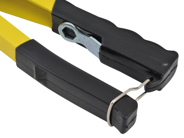 Close-up of a black and yellow tool with metal components on a white background