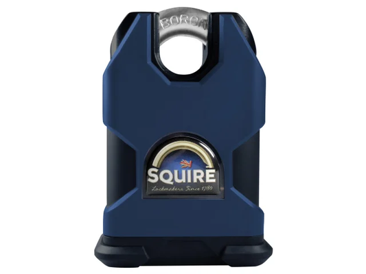 Blue Squire padlock on a white background