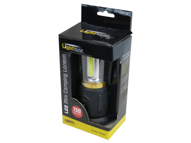 Lighthouse LED camping lantern in packaging on a white background