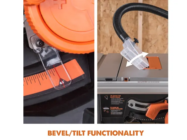 Table saw with bevel/tilt functionality on a white background