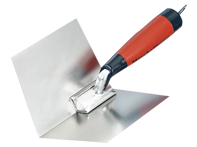 Metal trowel with red and black handle on a white background