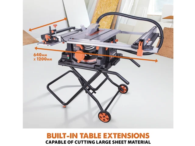 Table saw with built-in table extensions on a white background
