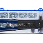 Tool kit with various components in a blue case on a white background