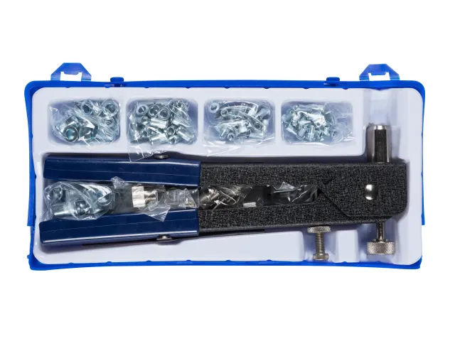 Tool kit with various components in a blue case on a white background