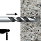 Drill bit on a white background with an arrow pointing to it, next to a drill silhouette and a concrete surface.