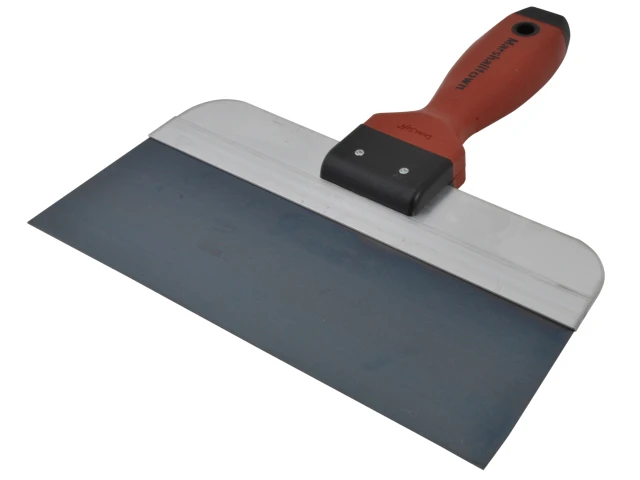 Metal trowel with red and black handle on a white background